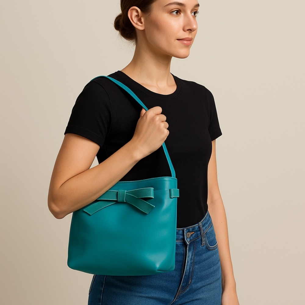 Vintage Furla Turquoise Blue Leather Suede Bow Shoulder Bag Quiet Luxury Fun